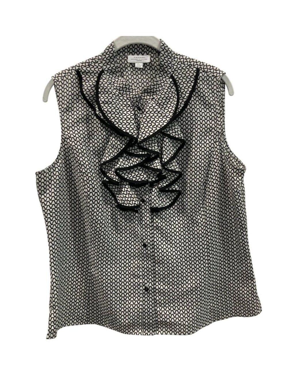 Tahari Printed Ruffle Blouse PL White Black Sleeveless Victorian Feminine Layers